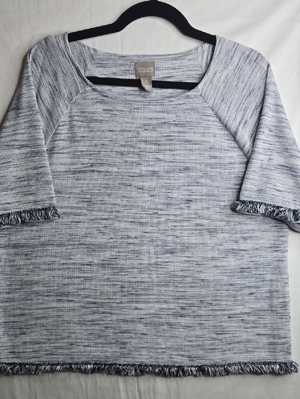 Chico's Space-Dye Marbled Pattern Fringe Hem Lightweight Sweater